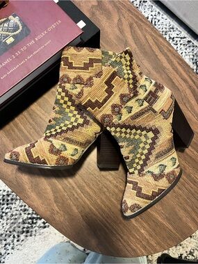 Kelsi Dagger Tapestry Rare Woven Pattern Ankle Boot in Tan, Brown and Green